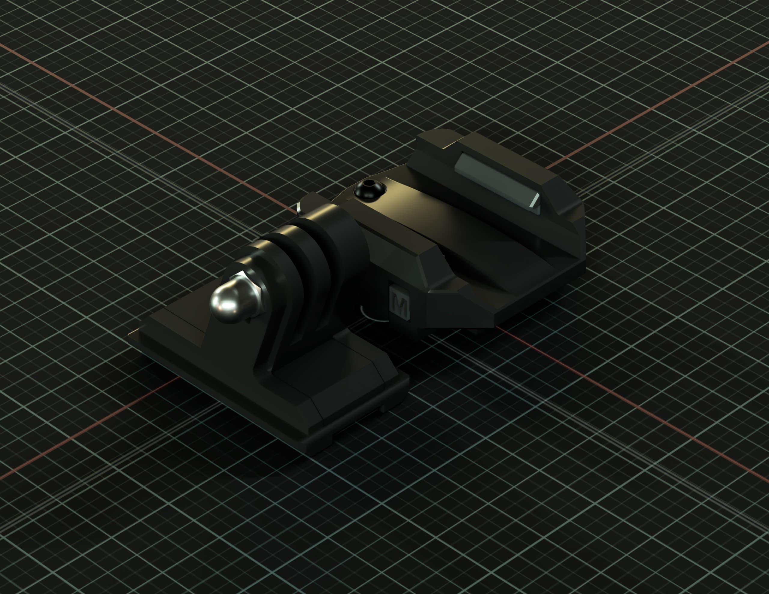 Randare CAD a suportului ActionMount asamblat, cu interfața cu trei degete