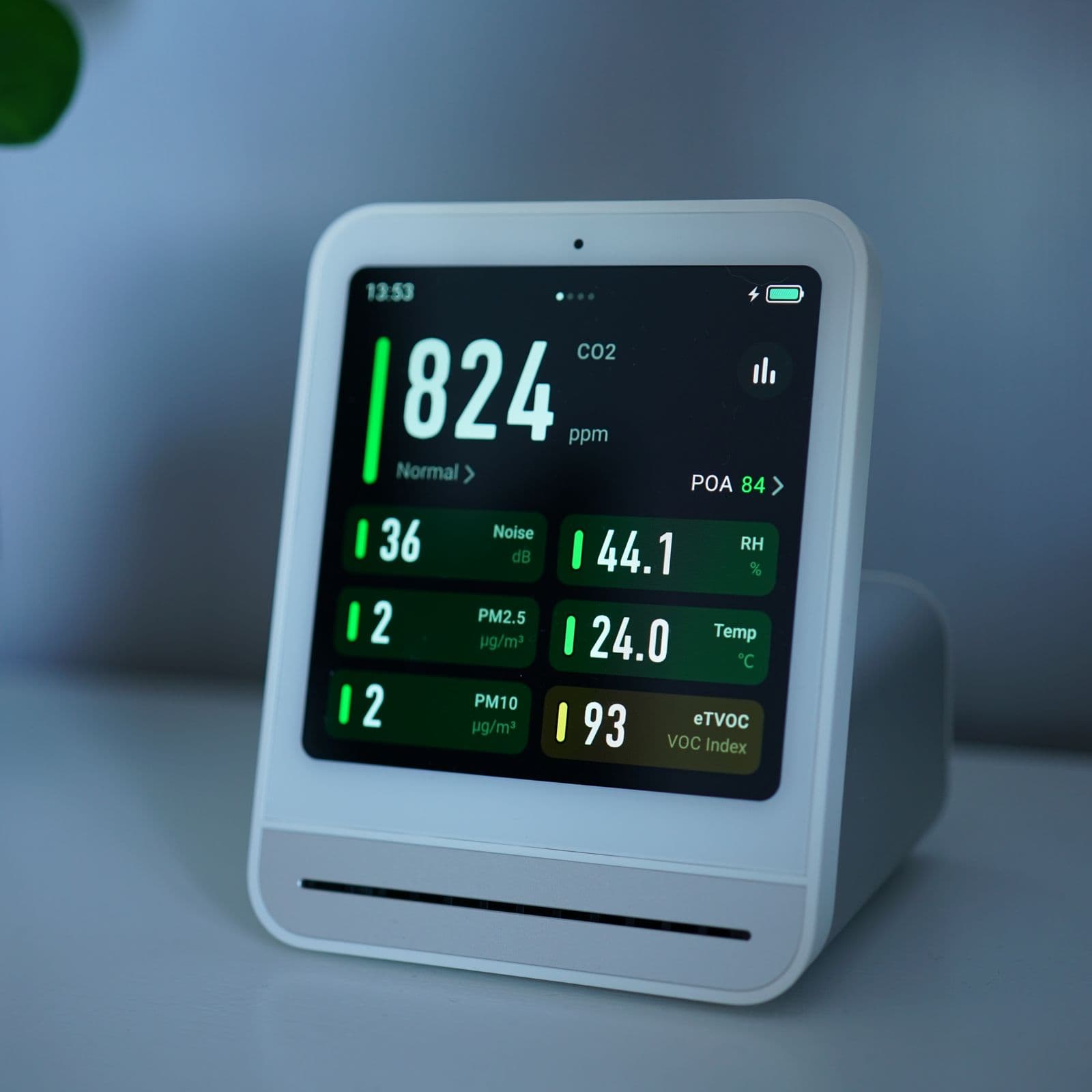 Monitor de calitate a aerului afișând CO2, PM2.5, temperatură și umiditate